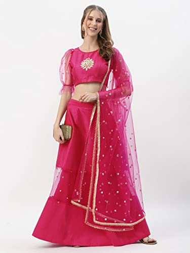 studio rasa Women's Girls Dupion & Net Sequins Embroidered Panelled Skirt for Wedding Festive (SKTC32205XL_X-Large_Pink)