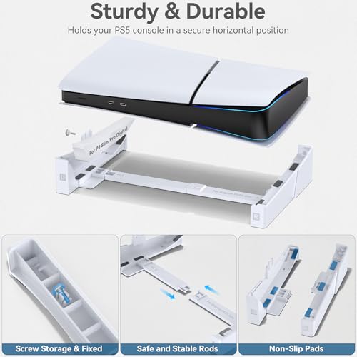Kosker PS5 Stand Horizontal for PS5/ Slim/Pro Disc & Digital Console, Scalable Design for PlayStation 5 Slim Horizontal Stand with Fixed Screw, Stable PS 5 Base Holder for PlayStation 5 Console