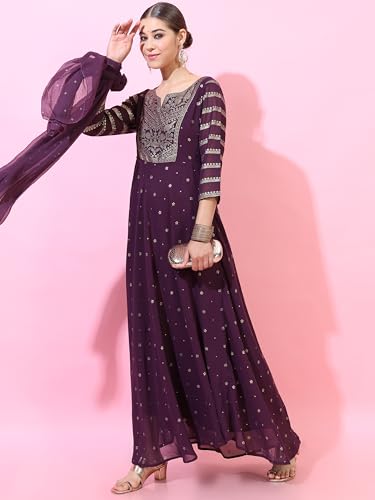Vishudh Women's Polyester Maxi Dress (VNDS000221_Purple