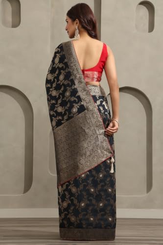Soch Womens Black Satin Botanical Zari Woven Saree
