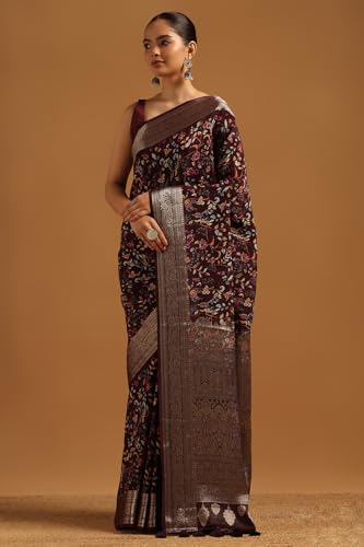 Soch Womens Wine Silk Botanical Saree With Zari Woven
