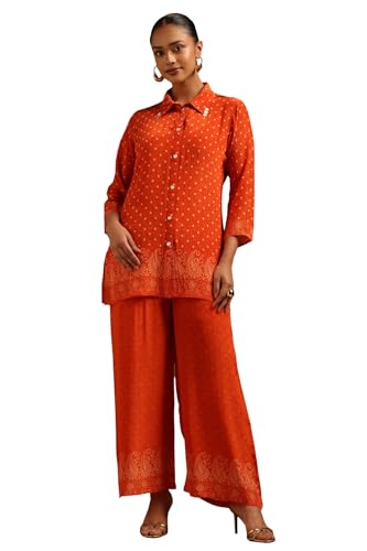 Soch Womens Orange Crepe Bandhani Printed Co-Ords Set