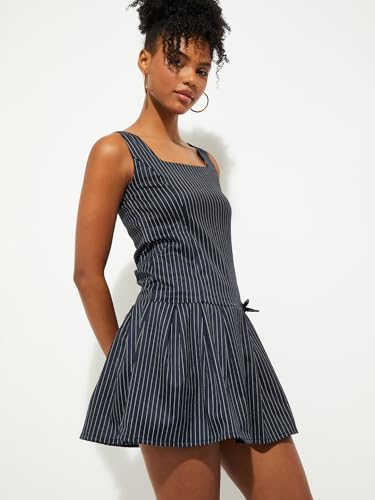 Max URB_N Women Striped Pleated Mini Dress (Blue_XXL)