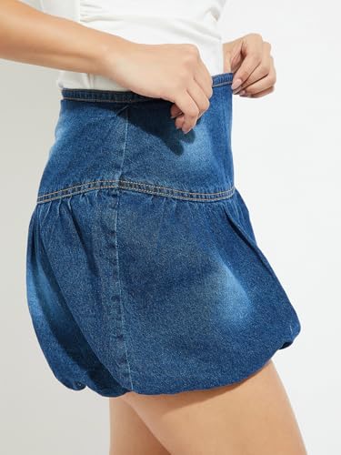 Max Alaya F x URB_N Women Bubble Hem Denim Skirt, Blue, L