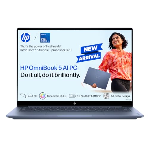 HP OmniBook 5 ● Intel Core 5 Series 3 Processor 320 ● 8GB LPDDR5 ● 512GB SSD ● 2K OLED● Gorilla Glass 3 ● 14''/35.6cm● Win11● Office24● Blue ●1.16kg ● mh0067TU● GaN Charger ● 42hrs Battery ● AI Laptop