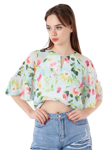 Zink London Women's Blue Printed Regular Top