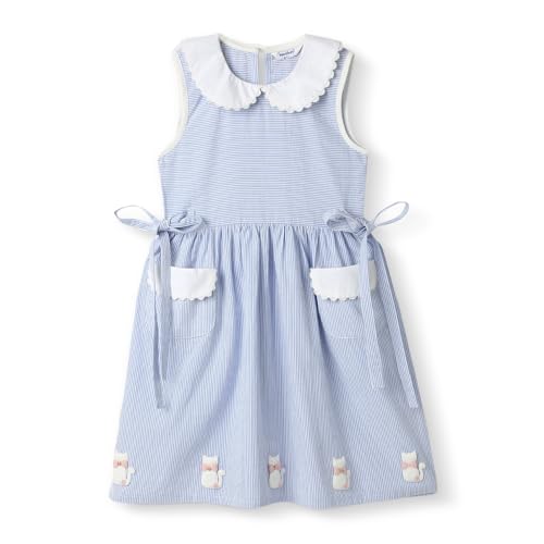 Nautinati Girls' Cotton Peterpan Collar Dress with Front Pockets and Cat Patches