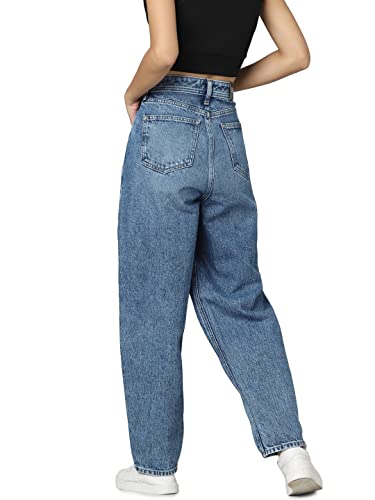 ONLY Women Washed Cotton Blend Baggy Fit High Rise Blue Jeans