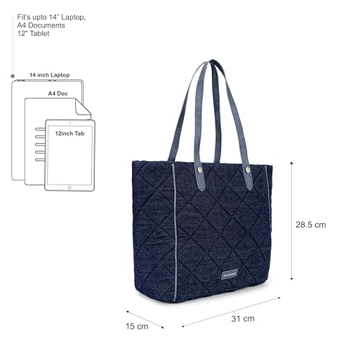 Fastrack Classic Denim Tote Bag | Quilted Design | 14-Inch Laptop Compatible With Padded Sleeve | Sturdy Dual Handles | Zipper Closure & Organizer Pocket | Natural Indigo Denim | 6-Month Warranty