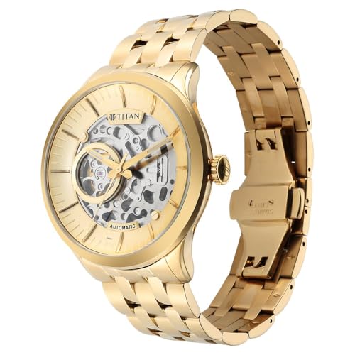 Titan Metal Mechanicals Automatic Gold Dial Gold Titanium Strap Watch for Men - NT90140YM01