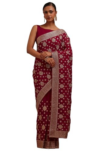 Soch Womens Fuchsia Georgette Embroidered Saree With Stone Work