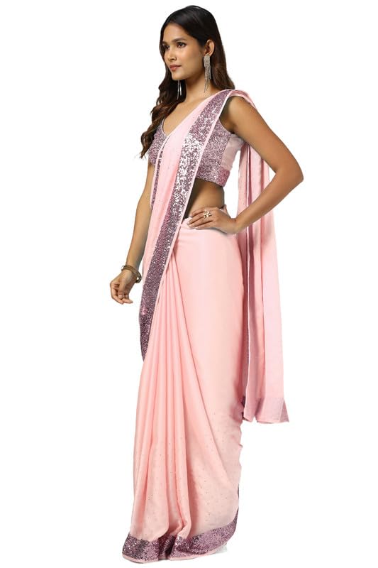 Soch Womens Peach Satin Saree With Stones And Sequins