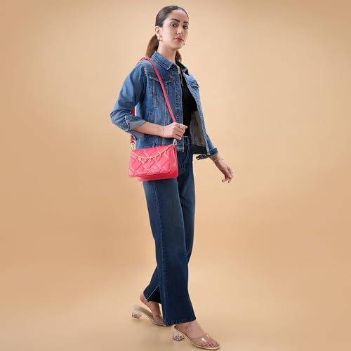 Caprese Winter Medium Sling Bag for Women with Adjustable & Detachable Strap | Multi‑Compartment Shoulder Bag with Zipper & Magnetic Button Closure Letter Chain Charm (Fuchsia)