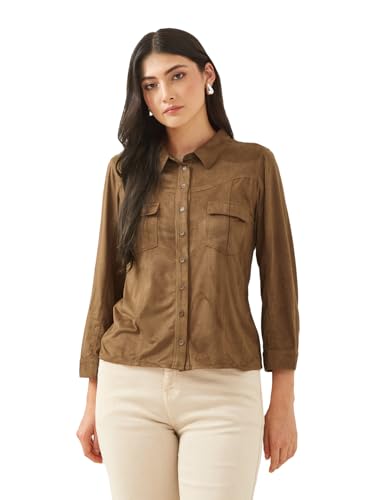 Latin Quarters Women Brown Collared Full Sleeves Solid Casual Shirt_XXL