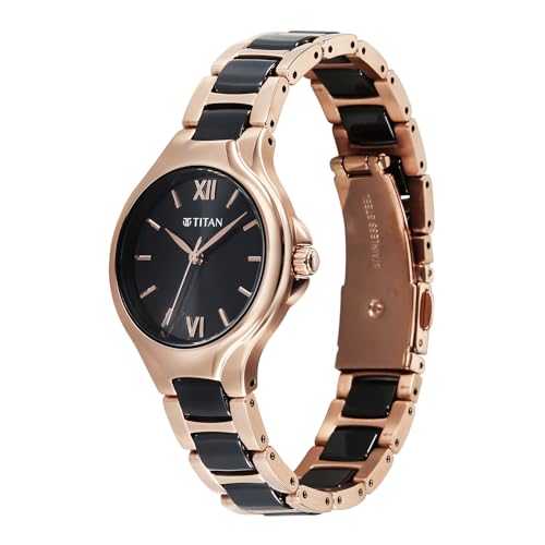 Titan Work Essentials with Black Dial Rose Gold Metal Strap Watch for Women - 95380KD01