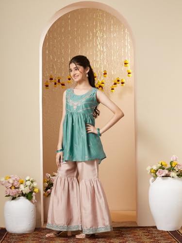 CURLY TALES ALPHA Embroidered Light Blue Kurti Sharara Set with Dupatta for Girls | Round Neck Ethnic Set for Birthday and Festive Parties