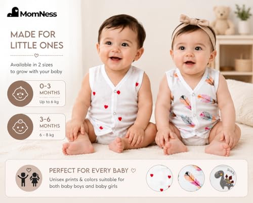 MomNess Baby Muslin Jabla Vest, 100% Pure Muslin Cotton, Newborn Cotton Jabla, Baby Dress, Soft, Infant Dress (White with Multicolour Prints 3-6M)