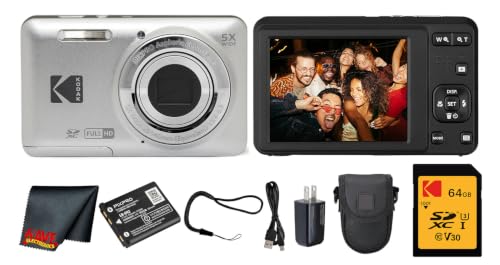 Kodak PIXPRO FZ55 Digital Camera (Silver) | 16MP Sensor, 5X Optical Zoom, 28mm Wide-Angle Lens & Full HD Video | Great for Travel & Beginner Photography (FZ55SR) + 64GB Card + Case + Cleaning Cloth