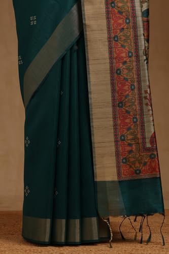 Soch Womens Teal Tussar Botanical Printed Sarees