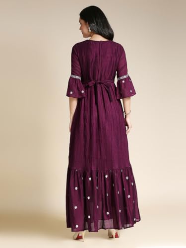 Madhuram Women's Vichitra Silk Crus Traditional Ethnic Long Gown with Sequence Embroidery Work Long Kurta(M-2445) (in, Alpha, XL, Regular, Maroon)