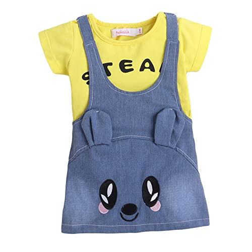 Hopscotch Girls Animal Applique Pinafore Dress with Text Print T-shirt In Yellow Color for Ages 3-6 Months