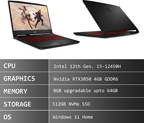 MSI Katana GF66, Intel 12th Gen. i5-12450H, 40CM FHD 144Hz Gaming Laptop (8GB/512GB NVMe SSD/Windows 11 Home/Nvidia RTX3050 4GB GDDR6/Black/2.25Kg), 12UC-636IN