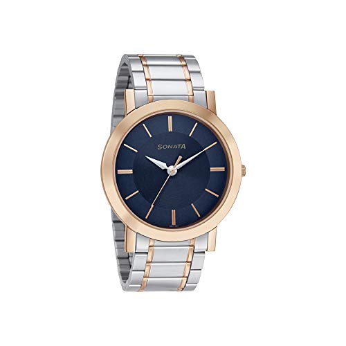 Sonata Beyond Gold Quartz Analog Blue Dial Two Toned Silver and Rose Gold Stainless Steel Strap Watch for Men - NT77108KM02W