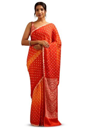 Soch Womens Orange Modal Silk Tie Dye Bandhani Saree