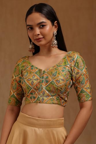 Soch Womens Olive Satin Ethnic Motif Padded Blouse with Sequins