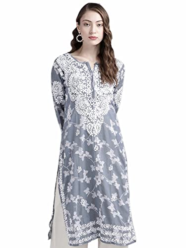 Ada Women Cotton Regular Fit Kurta Hand Embroidered Lucknowi Chikankari Tunic Kurti A411266 (Grey, XS)