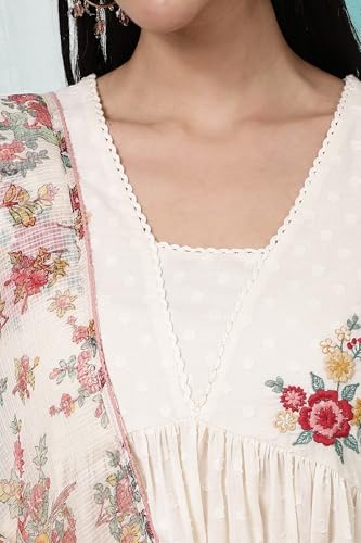W for Woman White Floral Printed Textured Cotton Gathered Kurta, Pants and Dupatta Set (Size: 2XL)-WS11620-222350