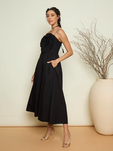 Pink Paprika by Sassafras Women Black Poplin Front Corsage Strappy Maxi Dress L