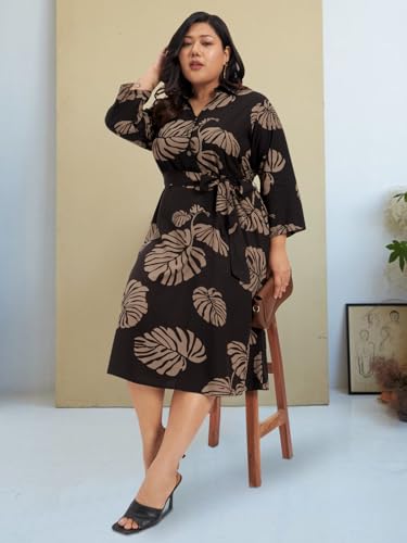 wild U Women Plus Size Dress | Tropical Print | Midi | Pocket | Shirt Dress | Curvy Woman | Western (Brown, 7XL)