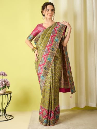 AKHILAM Women's Olive Viscose Silk Ethnic Motif Printed Saree With Unstitched Blouse Piece (MSTANI154B_HS)