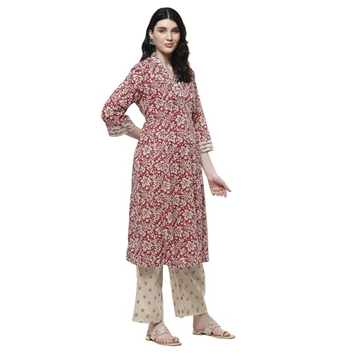 Biba Women Red Cotton Printed Gathered Suit Set_46
