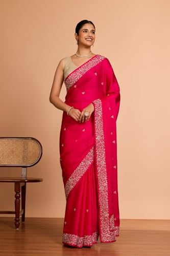Taneira Women Pink Viscose Satin Embroidered Saree With Unstitched Blouse Piece (SAPP09AC5305-Pink)