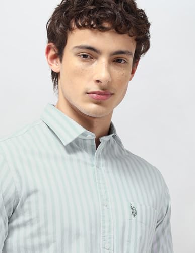 U.S.Polo Association Men's Vertical Striped Regular Fit Shirt (USSHT3402H_Light Green_39)