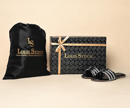 LOUIS STITCH Women's Fashion Flat Slip On Sandals | Open Toe Black Stylish Flat Sandal for Ladies, Comfortable All day Wear Slipper | LSOF-LDSL-GLTSJB | (UK-3)