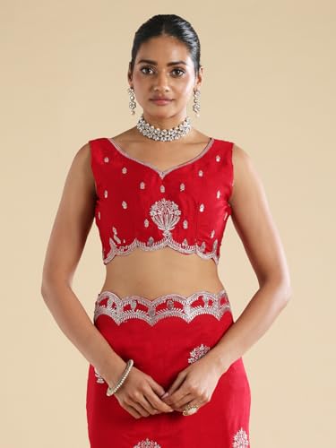 AKHILAM Women's Red Vichitra Silk Ethnic Motif Embellished Saree With Unstitched Blouse Piece (ANIKA2402_AG)