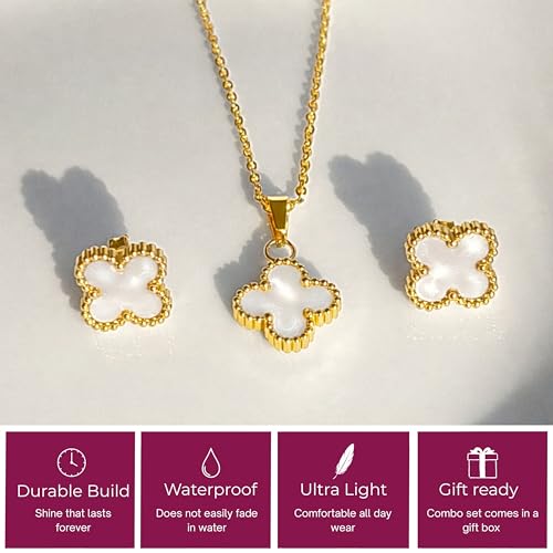 Clover Anti Tarnish Necklace Set | Clover Necklace and Earrings Jewellery Set for Women | Waterproof and hypoallergenic | Stylish Minimal Jewelry Sets | Modern Design Aesthetic Accessories | Ideal for Occasional Gifting | Comes in a gift box (Pearl White)