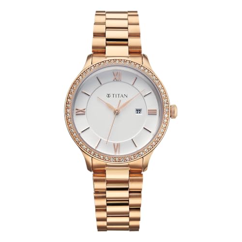 Titan Purple Prestige Quartz 3 Hands + Date Round White Dial, Rose Gold Stainless Steel Strap Watch for Women - 95247WM02