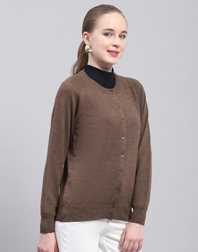Monte Carlo Womens Solid Dark Brown Round Neck Full Sleeve Cardigan