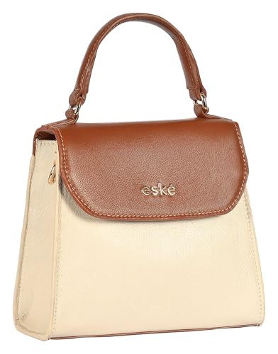 eske Viviana Colorblocked Pattern Genuine Leather Women Flap Satchel (Cognac Vanilla)