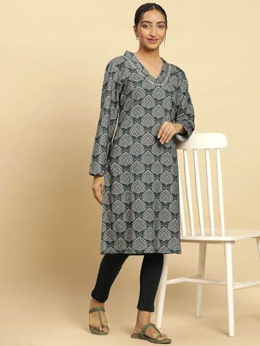 W for Woman Green Printed Winter Kurta with Embroidery (Size: M)-24NOW10359-122962