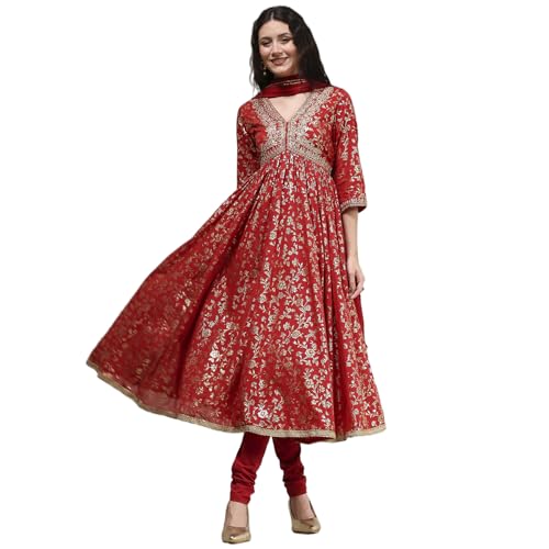 Biba Women's Red Cotton Anarkali Printed Suit Set