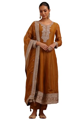 Soch Womens Mustard Tissue Embroidered Suit Set With Stone Work