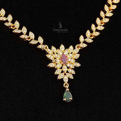 Sasitrends Traditional Micro Gold Plated Multi Color AD American Diamond Jewellery Necklace Jewellery Set for Women and Girls