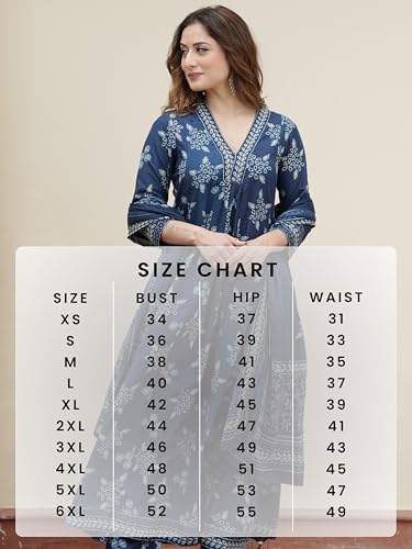 Arayna Women’s Pure Cotton Handblock Ethnic Printed Kurta Set with Pants & Dupatta - Indigo Blue, Small