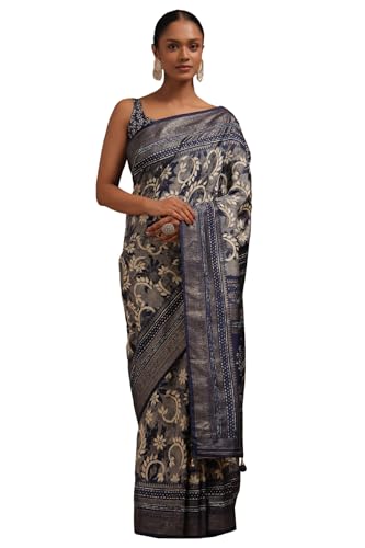 Soch Womens Navy Blue Dola Silk Floral Print Saree