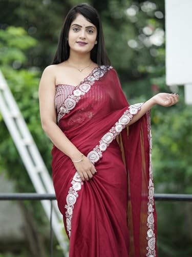 SAREE MALL Women's Maroon Satin Solid Saree With Unstitched Blouse (KESARI11601_KR)